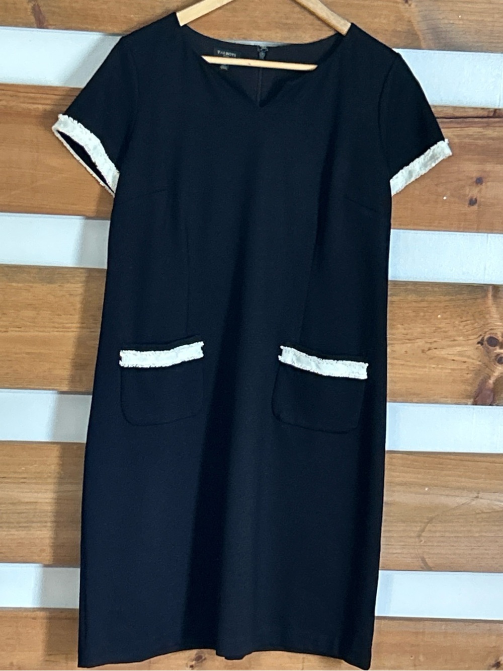Talbots Zipper Black Shift Dress Cream Fringe Accents Pockets Stretch Size 12P